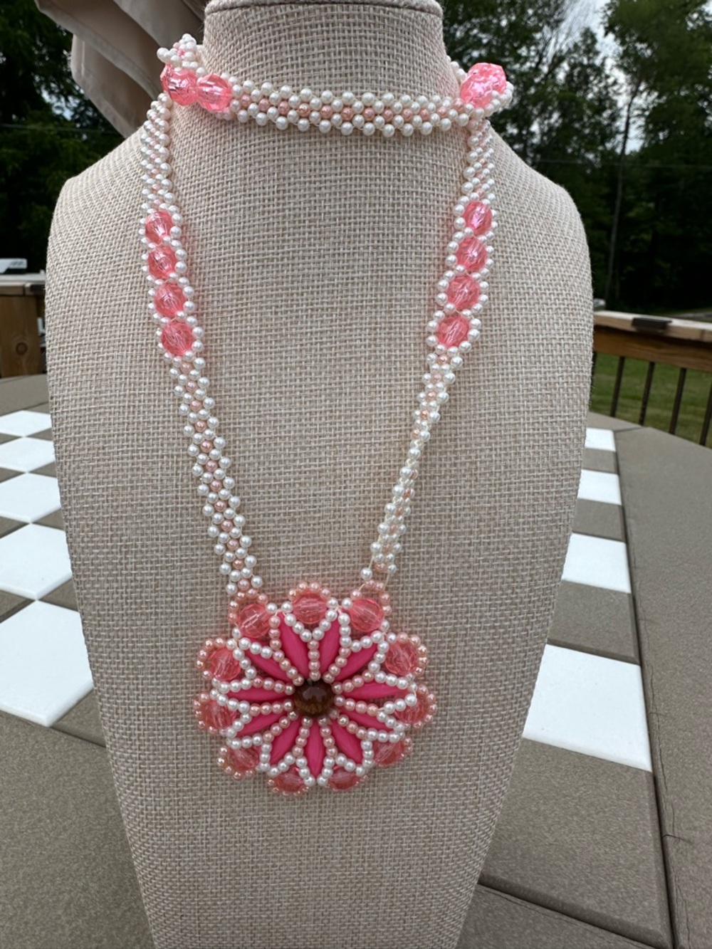 Handmade Pink Beaded Flower Pendant Necklace